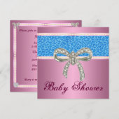 Roze Blue Leopard Diamond Bow Baby shower Invite Kaart (Voorkant / Achterkant)