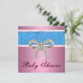 Roze Blue Leopard Diamond Bow Baby shower Invite Kaart (Staand voorkant)