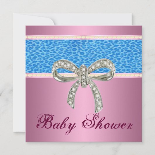 Roze Blue Leopard Diamond Bow Baby shower Invite Kaart (Voorkant)