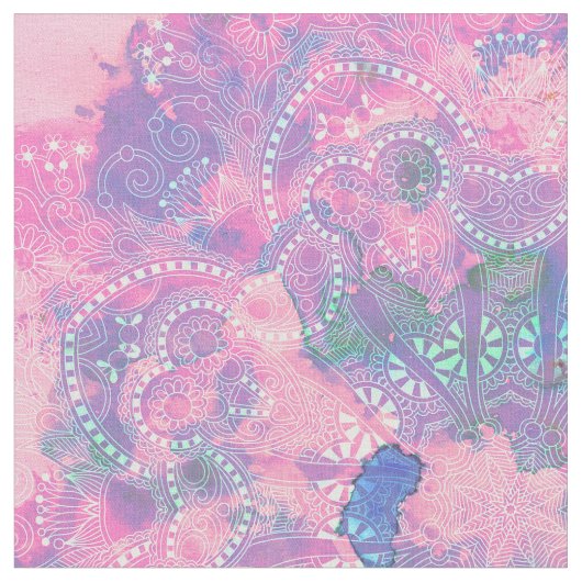 Roze Blue Mandala Waterverf floral Pattern Stof (Close Up)