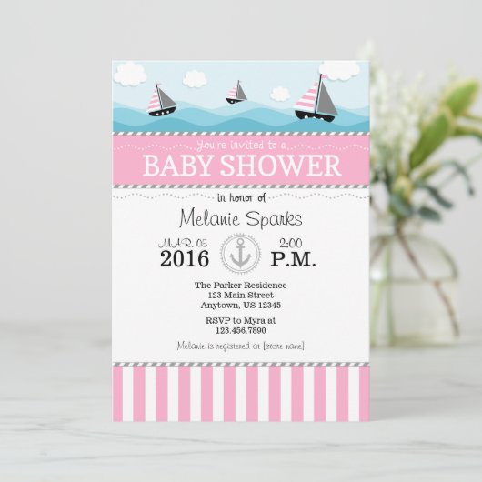 Roze Blue Nautical Baby shower Invitation Kaart (Staand voorkant)