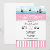 Roze Blue Nautical Baby shower Invitation Kaart (Voorkant / Achterkant)