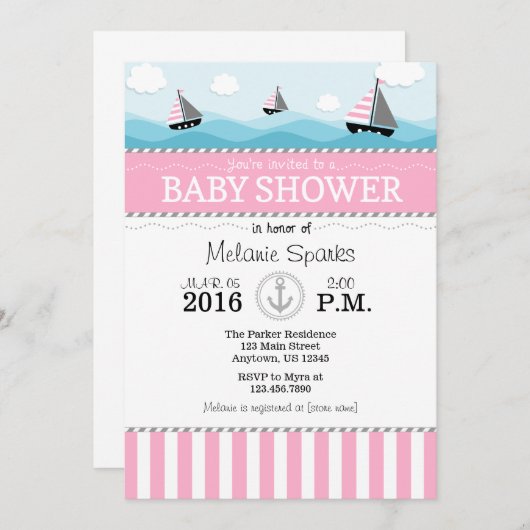 Roze Blue Nautical Baby shower Invitation Kaart (Voorkant / Achterkant)
