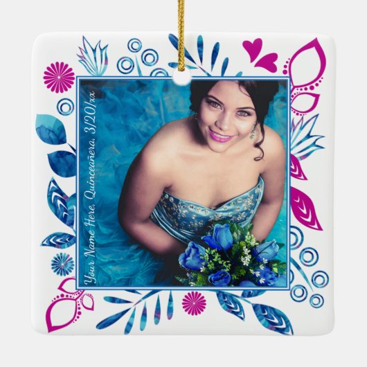 Roze, Blue Quinceanera-Ornament voor kerstfoto's Keramisch Ornament (Achterkant)
