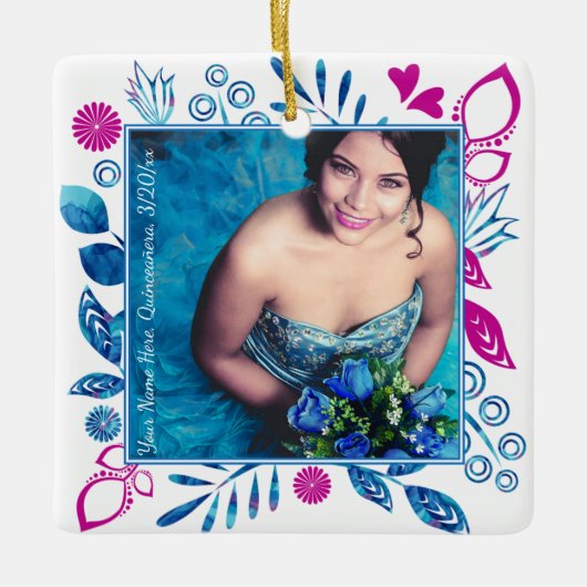 Roze, Blue Quinceanera-Ornament voor kerstfoto's Keramisch Ornament (Voorkant)