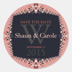 Roze+Blue Ribbons Monogram Opslaan Datum Sticker