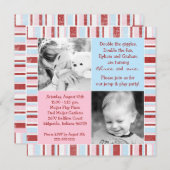 Roze & Blue Sibling Foto Birthday Uitnodiging (Voorkant / Achterkant)