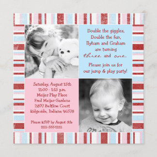 Roze & Blue Sibling Foto Birthday Uitnodiging