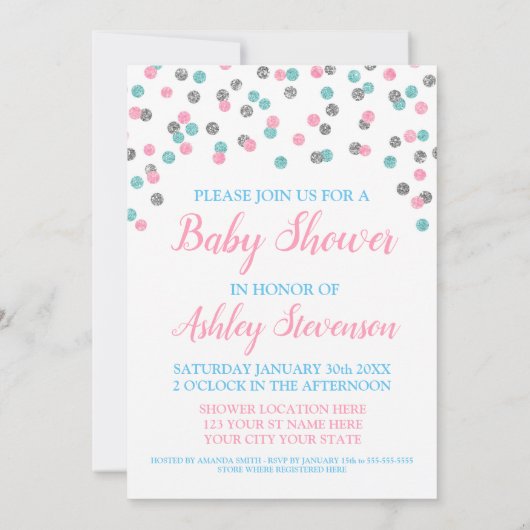 Roze Blue Silver Confetti Gender Neutrale Shower Kaart (Achterkant)