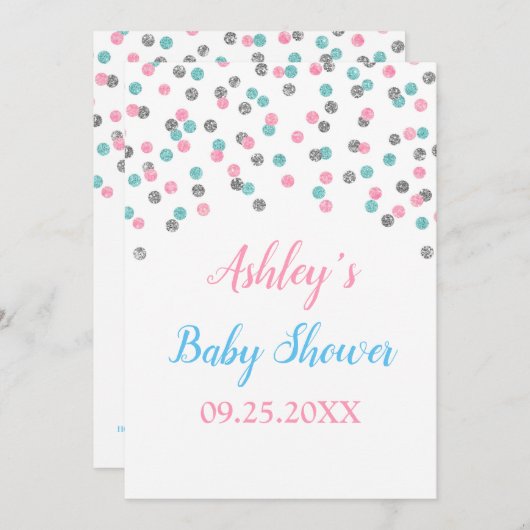 Roze Blue Silver Confetti Gender Neutrale Shower Kaart (Voorkant / Achterkant)