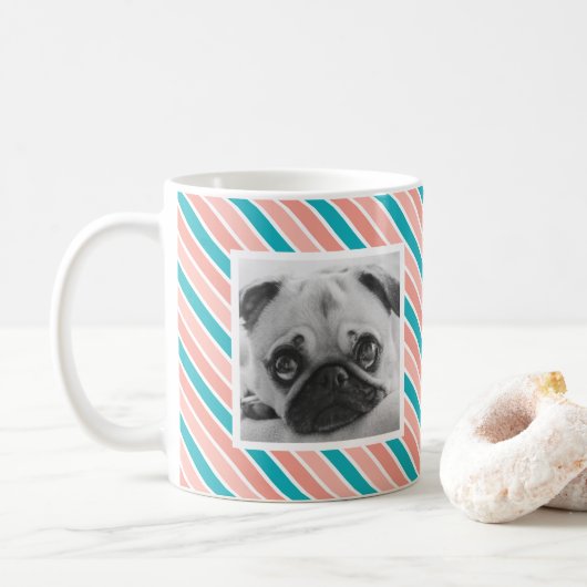 Roze Blue Stripe Pattern Aangepaste foto-Mok Koffiemok (Met donut)