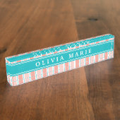 Roze Blue White Stripe Pattern met naam Naambordje (Zijkant)