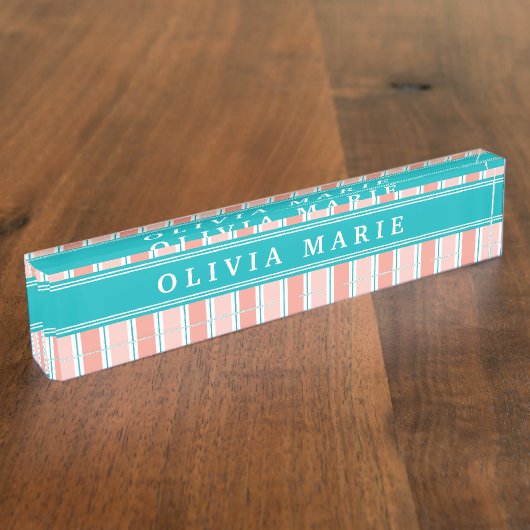 Roze Blue White Stripe Pattern met naam Naambordje (Zijkant)