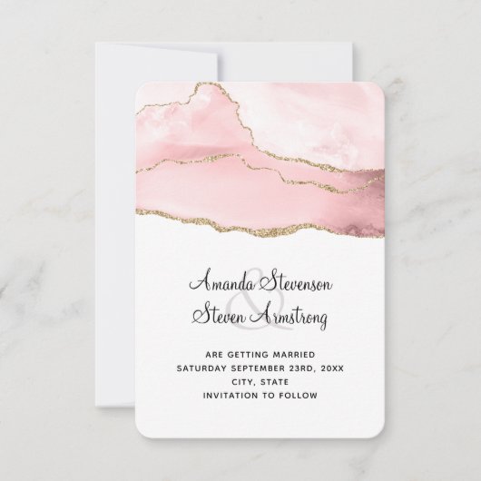 Roze Blush Agaat met Gouden Lint Elegante Bruiloft Save The Date (Voorkant)