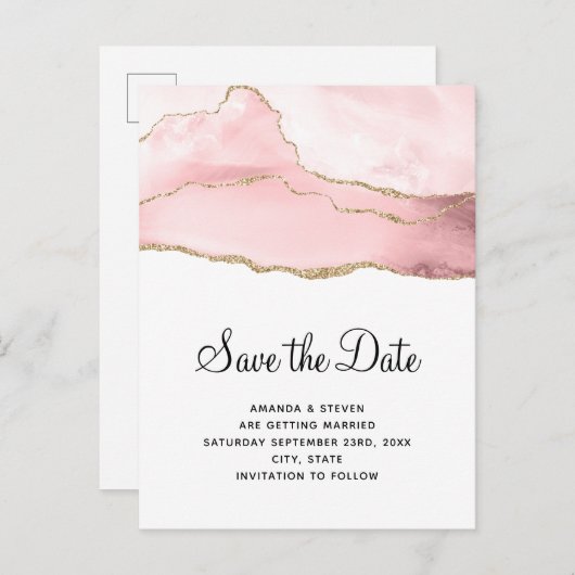 Roze Blush Agaat met Gouden Lint Elegante Bruiloft Uitnodiging Briefkaart (Voorkant / Achterkant)