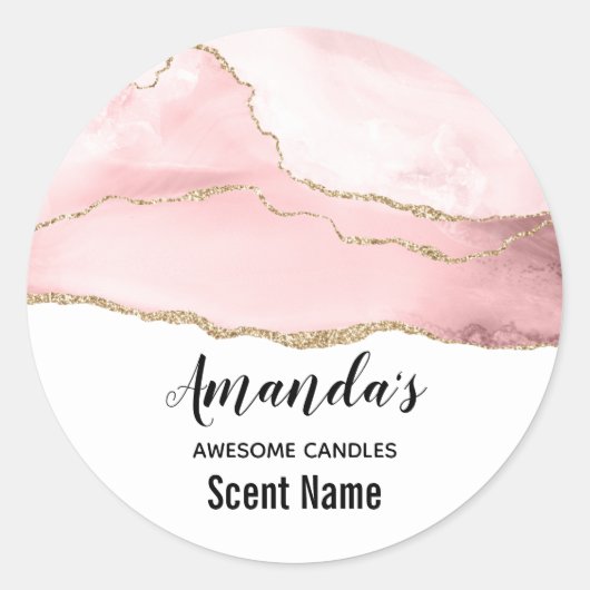 Roze Blush Agaat met Gouden Lint Elegante Kaars Ronde Sticker (Voorkant)