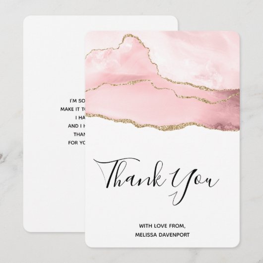 Roze Blush Agate met Gold Ribbon Dank u Bedankkaart (Voorkant / Achterkant)