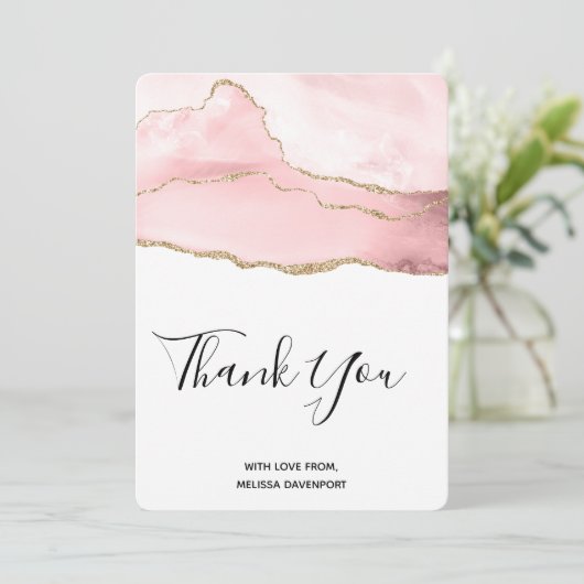 Roze Blush Agate met Gold Ribbon Dank u Bedankkaart (Staand voorkant)
