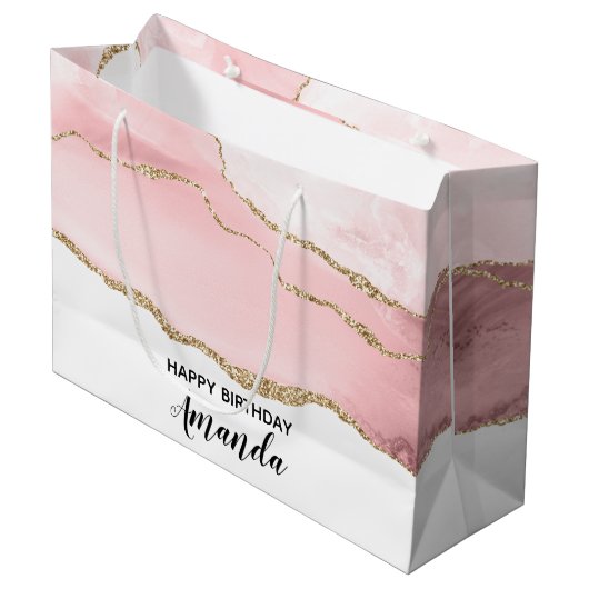 Roze Blush Agate met Gold Ribbon Elegant Birthday Groot Cadeauzakje (Voorkant Gekanteld)