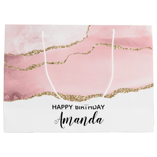 Roze Blush Agate met Gold Ribbon Elegant Birthday Groot Cadeauzakje (Achterkant)