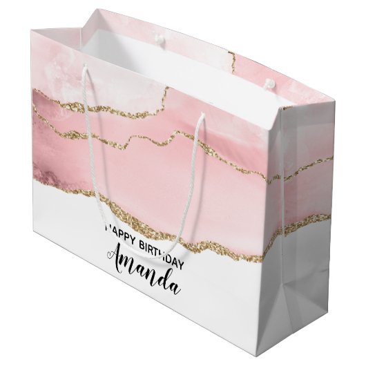 Roze Blush Agate met Gold Ribbon Elegant Birthday Groot Cadeauzakje (Achterkant Gekanteld)