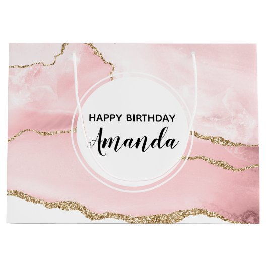 Roze Blush Agate met Gold Ribbon Elegant Birthday Groot Cadeauzakje (Voorkant)