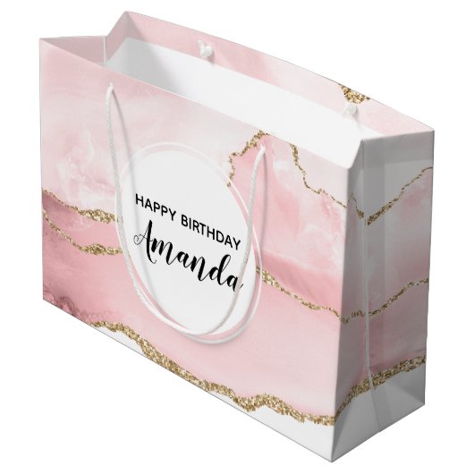 Roze Blush Agate met Gold Ribbon Elegant Birthday Groot Cadeauzakje (Achterkant Gekanteld)
