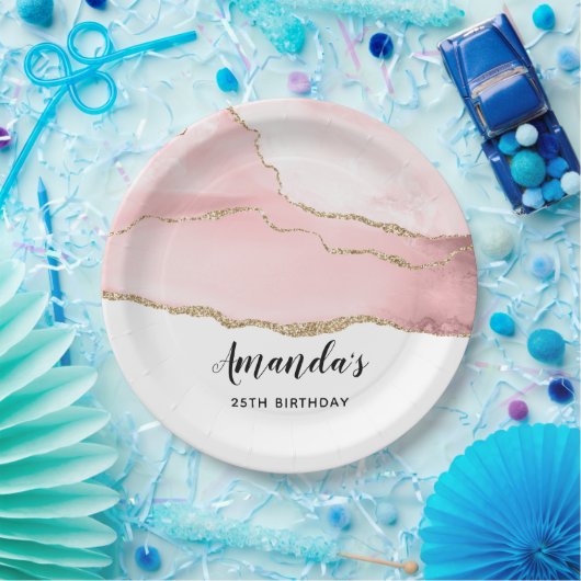 Roze Blush Agate met Gold Ribbon Elegant Birthday Papieren Bordje (Feest)