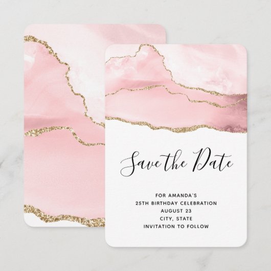Roze Blush Agate met Gold Ribbon Elegant Birthday Save The Date (Voorkant / Achterkant)