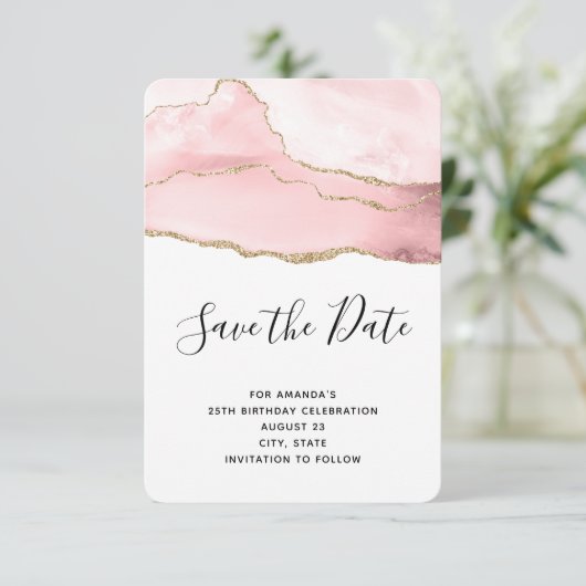 Roze Blush Agate met Gold Ribbon Elegant Birthday Save The Date (Staand voorkant)