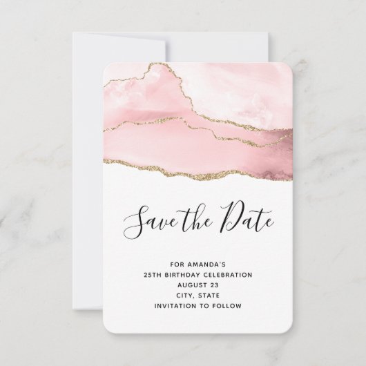 Roze Blush Agate met Gold Ribbon Elegant Birthday Save The Date (Voorkant)