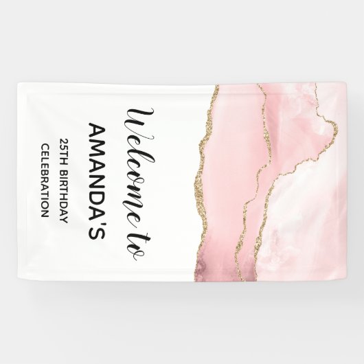 Roze Blush Agate met Gold Ribbon Elegant Birthday Spandoek (Horizontaal)