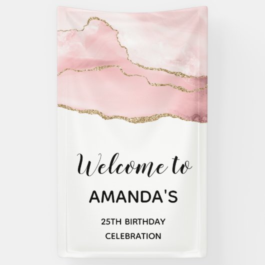 Roze Blush Agate met Gold Ribbon Elegant Birthday Spandoek (Verticaal)