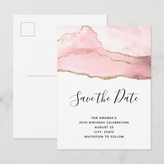 Roze Blush Agate met Gold Ribbon Elegant Birthday Uitnodiging Briefkaart (Voorkant / Achterkant)