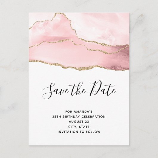 Roze Blush Agate met Gold Ribbon Elegant Birthday Uitnodiging Briefkaart (Voorkant)