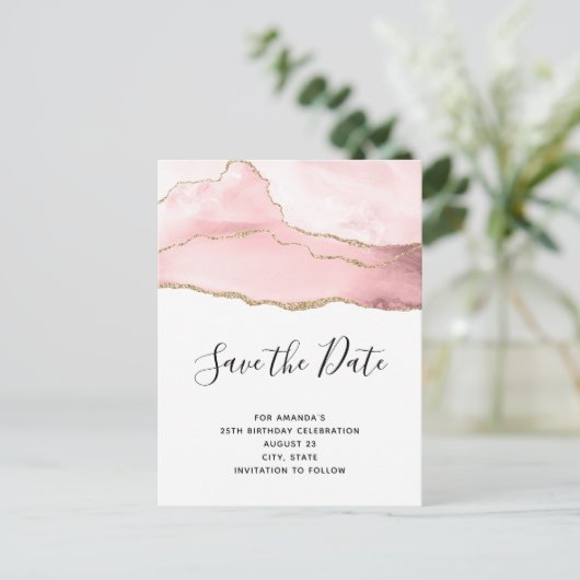 Roze Blush Agate met Gold Ribbon Elegant Birthday Uitnodiging Briefkaart (Staand voorkant)