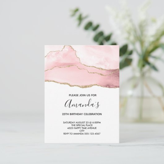 Roze Blush Agate met Gold Ribbon Elegant Birthday Uitnodiging Briefkaart (Staand voorkant)