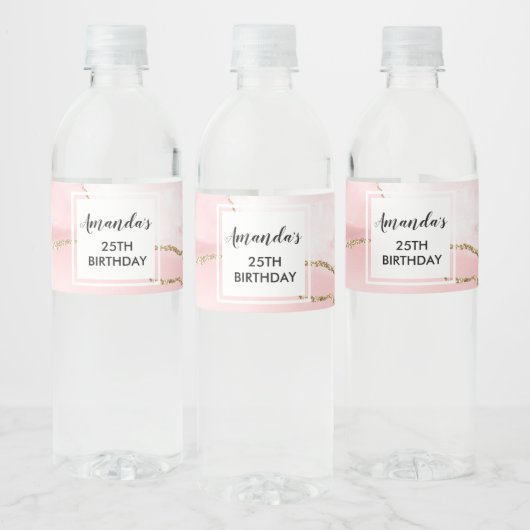 Roze Blush Agate met Gold Ribbon Elegant Birthday Waterfles Etiket (Flessen)