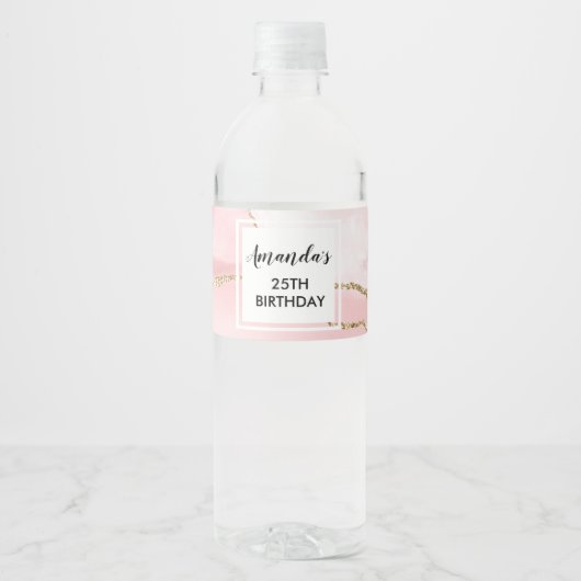 Roze Blush Agate met Gold Ribbon Elegant Birthday Waterfles Etiket (Voorkant)