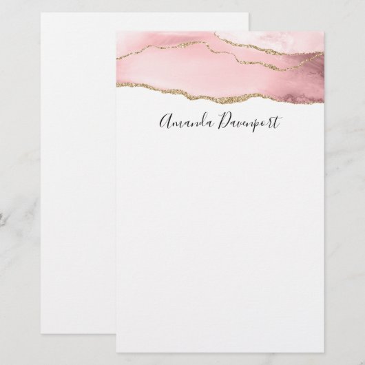 Roze Blush Agate met Gold Ribbon Elegant Briefpapier (Voorkant / Achterkant)