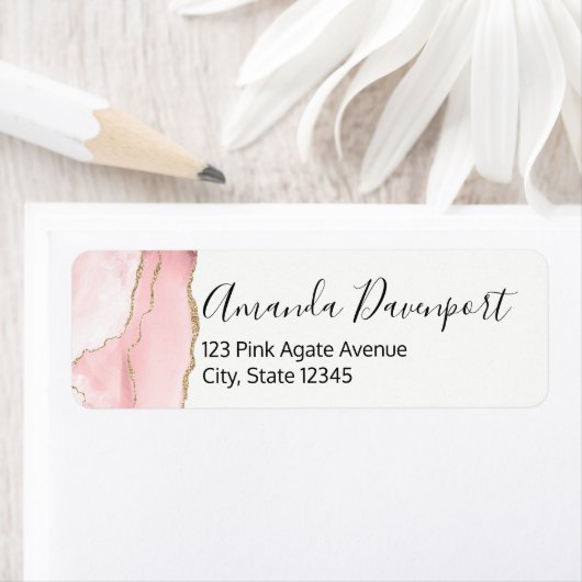 Roze Blush Agate met Gold Ribbon Elegant Etiket (Insitu)