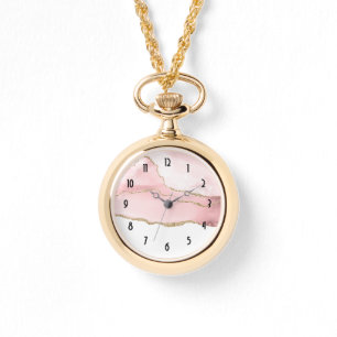 Roze Blush Agate met Gold Ribbon Elegant Horloge