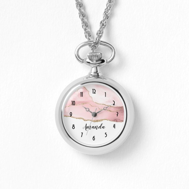Roze Blush Agate met Gold Ribbon Elegant Horloge (Voorkant)