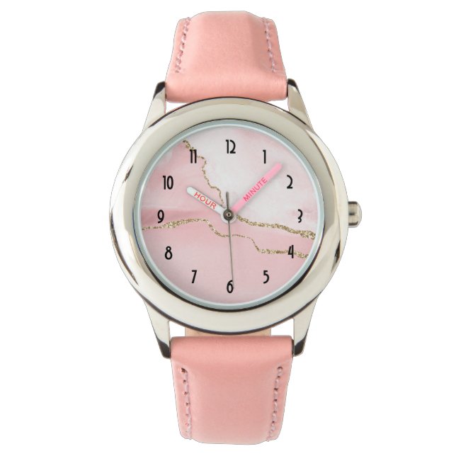 Roze Blush Agate met Gold Ribbon Elegant Horloge (Voorkant)