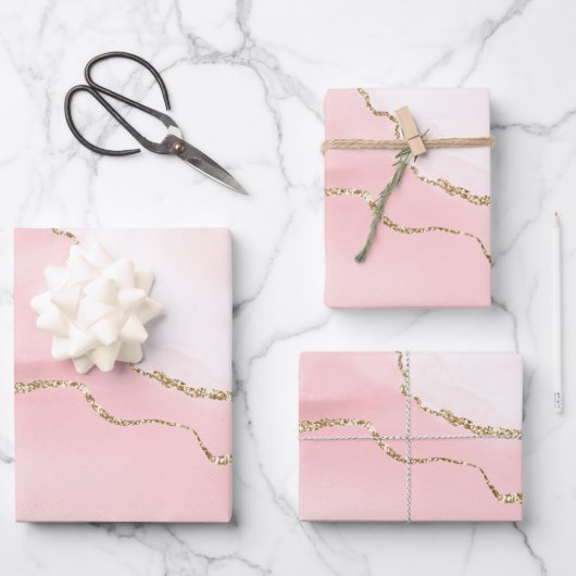 Roze Blush Agate met Gold Ribbon Elegant Inpakpapier Vel (Voorkant)