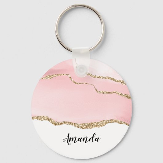 Roze Blush Agate met Gold Ribbon Elegant Sleutelhanger (Voorkant)