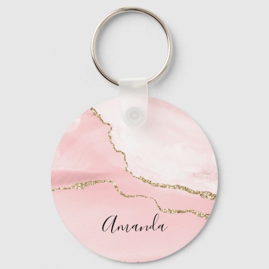 Roze Blush Agate met Gold Ribbon Elegant Sleutelhanger (Voorkant)