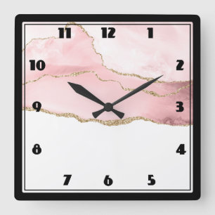 Roze Blush Agate met Gold Ribbon Elegant Vierkante Klok