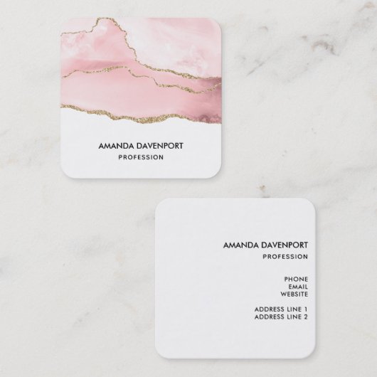 Roze Blush Agate met Gold Ribbon Elegant Vierkante Visitekaartje (Voorkant / Achterkant)