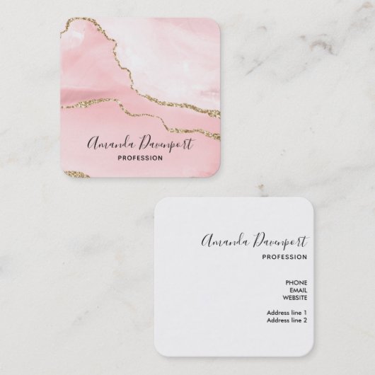 Roze Blush Agate met Gold Ribbon Elegant Vierkante Visitekaartje (Voorkant / Achterkant)
